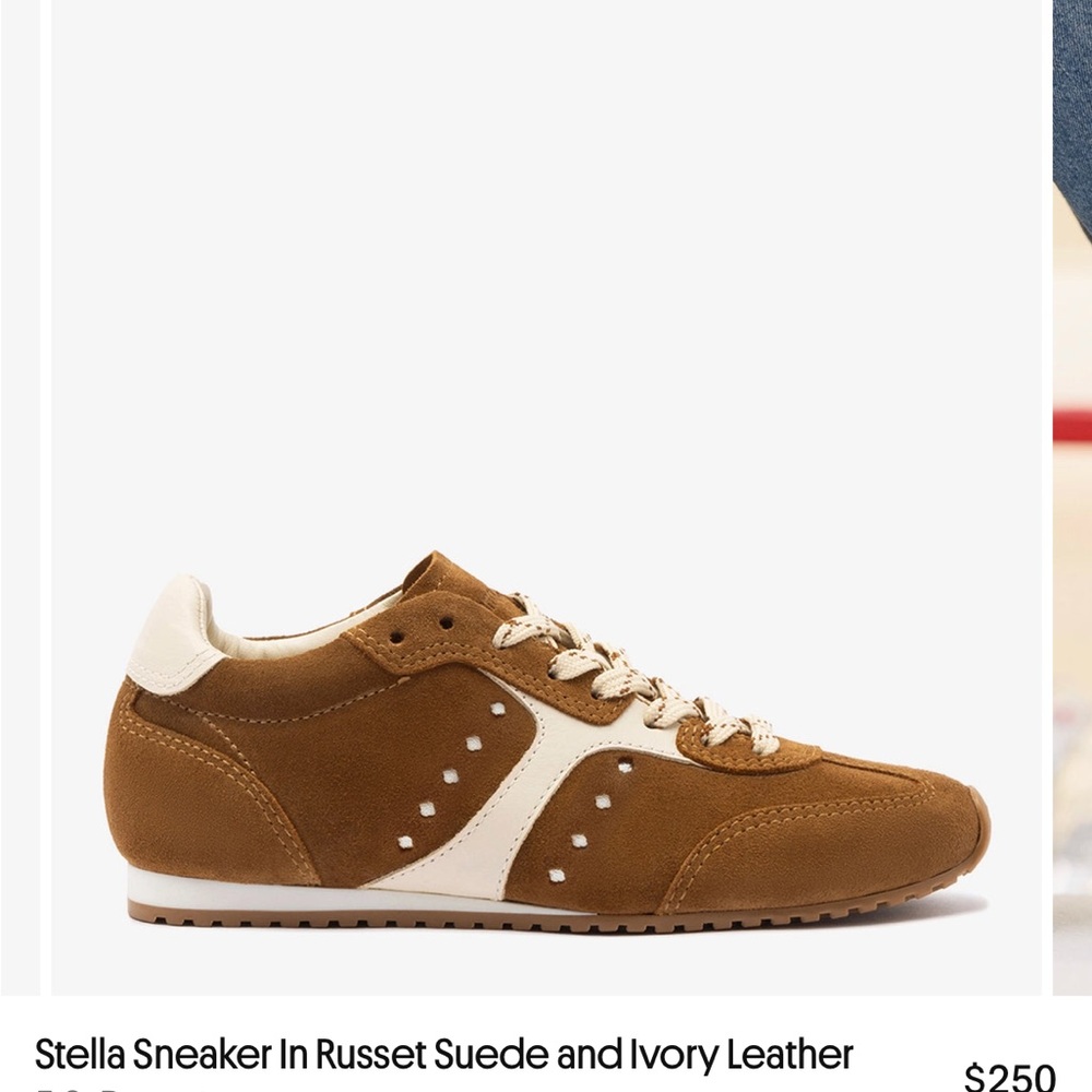 Larroude Stella Russet and Ivory suede sneakers.